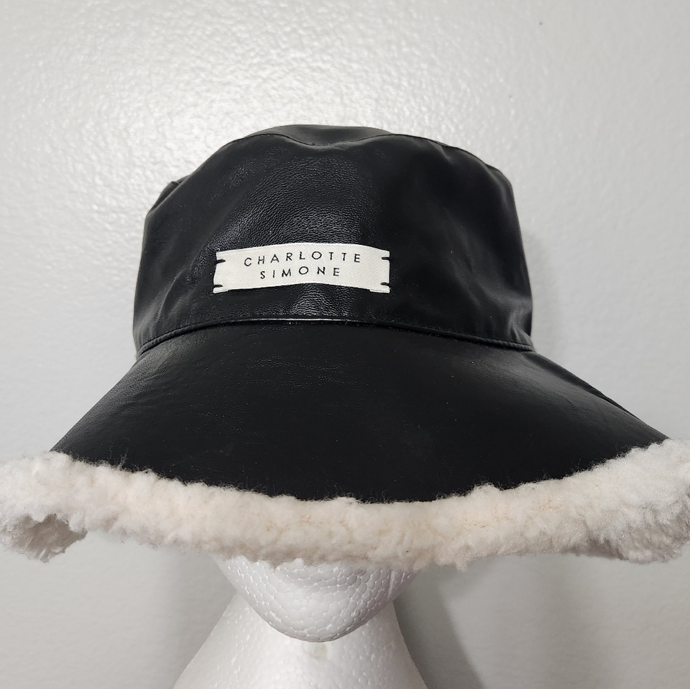 Charlotte Simone Billie Faux Fur Trimmed Leather Bucket Hat